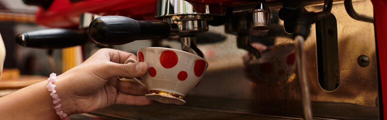 Coffee brewing with a charming young woman savoring the moment at a lively cafe