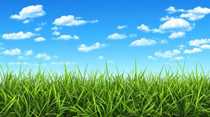 Fototapeta premium Lush green grass field meets a vibrant blue sky dotted with fluffy white clouds.