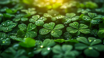 Clover field with water droplets, lush green leaves, and golden light