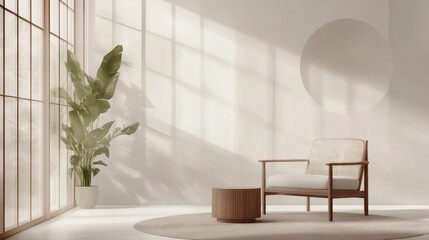 Fototapeta premium Minimalist, japandi interior design of modern living room with accent armchair illustration