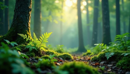 Softly lit minimalist forest scene with ferns and moss,  organic,  subtle grainy texture