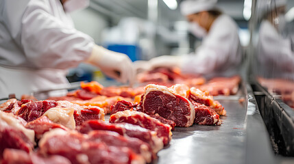 Raw meat cuts being arranged by workers in gloves at a butcher shop counter