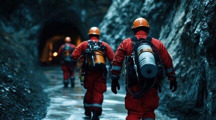 Mining rescue team training in an emergency response scenario within a dark underground mine