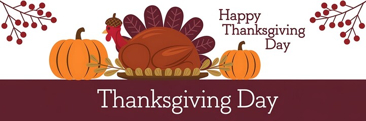 Festive Thanksgiving scene with a roasted turkey adorned with an acorn surrounded by green leaves two pumpkins and 'Happy Thanksgiving Day' text on a maroon background with red berries in the corner