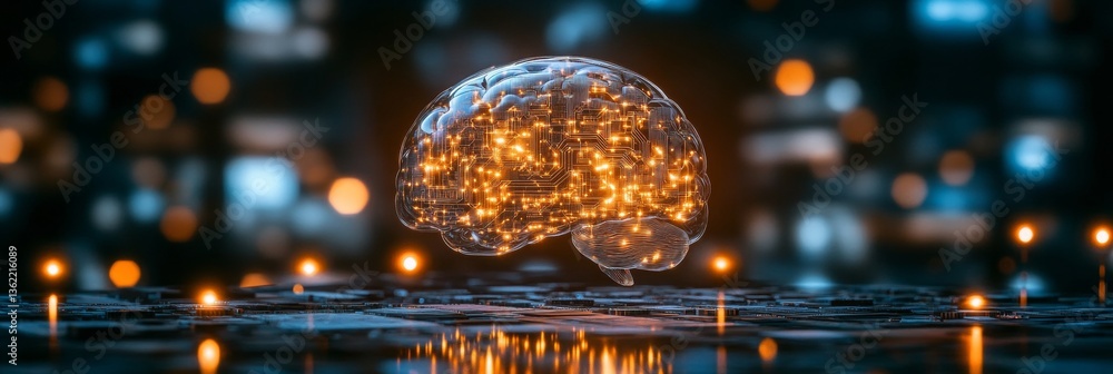Poster glowing circuit board ai brain on cyberpunk style motherboard with bokeh photography style