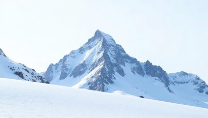 Snow-covered mountain peak against bright white sky, high altitude, photography, image