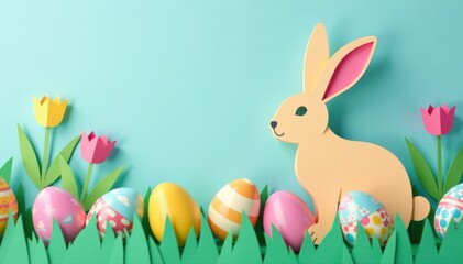 Springtime paper cut bunny surrounded by colorful eggs , spring flowers, bunnies