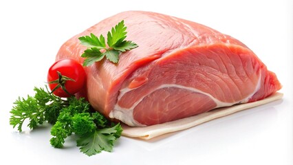 Fresh Raw Pork Tenderloin Roast Ready for Cooking with Parsley and Tomato Garnish