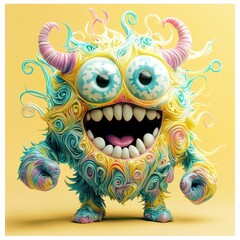 Obraz premium Joyful monster with pastel yellow and turquoise fur in swirly patterns