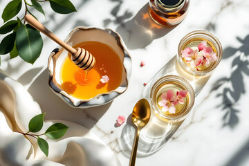  Miel doré et fleurs comestibles – flat lay naturel et lumineux
