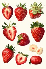Colorful artwork showcasing a variety of strawberries in different hues and styles.