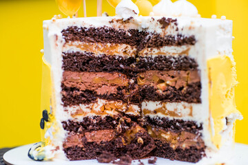 Split cake, chocolate cake filling with cream, slice of cake, dessert for tea, birthday party, sponge cake with cream.