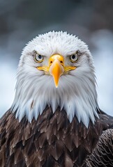Fototapeta premium Close-up shot of a bald eagle's head with piercing eyes staring directly at the camera, sharp detail and natural textures, set against a softly blurred sky background in professional animal photograph