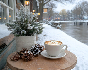 Coffee and pinecones near river, winter day in Amsterdam