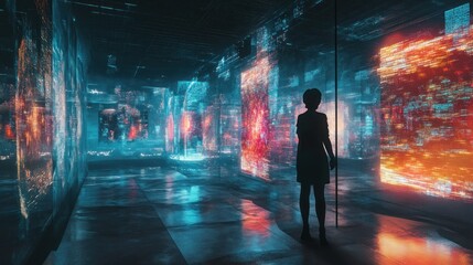 Woman observes vivid digital art, a journey through immersive exhibitions space