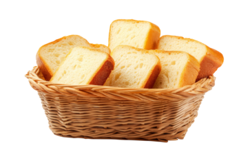 Slices of white sandwich bread arranged upright in wicker basket on transparent background. Studio food photography. Breakfast and bakery concept. Design for banner, poster, card, print, packaging.
