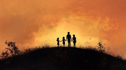 A silhouette of a family holding hands on a hill, symbolizing unity and togetherness. illustration