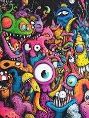 Abstract Colorful Doodle Art with Cartoon-like Creatures