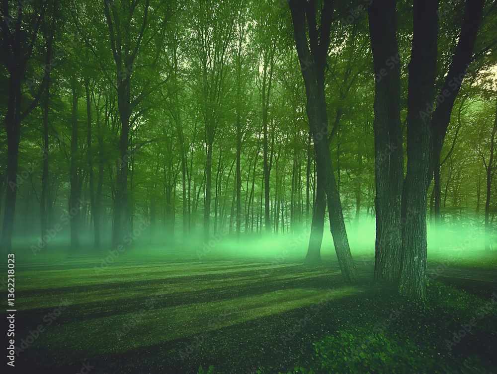 Poster a wide shot of a dark forest path leading into the unknown, with fog obscuring the distance, conveyi