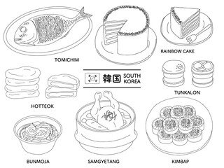 韓国料理の線画イラストセット＿モノクロ