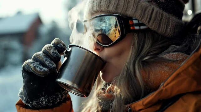 Beautiful young woman drinking hot tea at an apr&egrave;s ski, on winter holiday. She is wearing a ski outfit and enjoys a break after a day of skiing. 