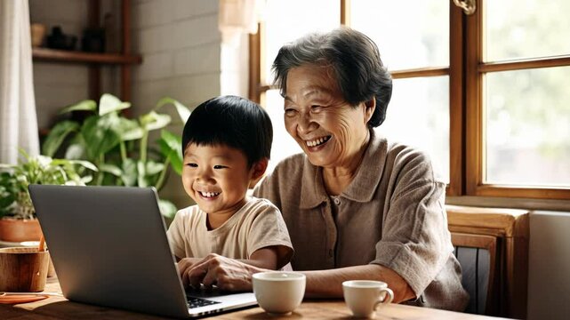 smiling grandma helping kid learn online