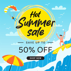 Hot Summer Sale vector illustration. Paragliding and surfing activities