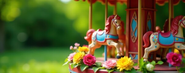 Vibrant flowers on a wooden carousel with colorful blooms and wheel of blossoms, set against a natural green background, flowers, blossom