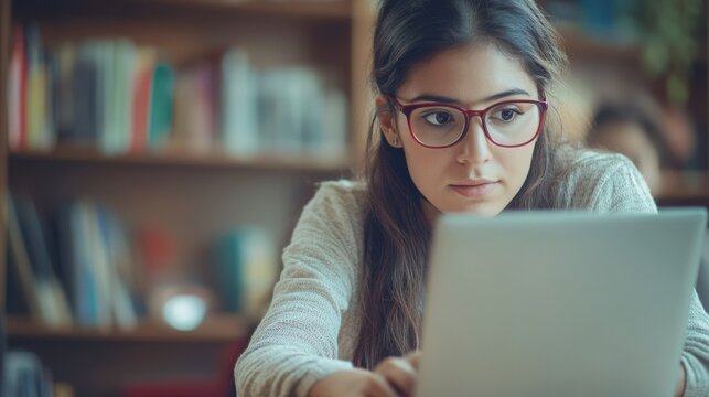 Female young hispanic university teacher, college tutor explaining math giving remote school class online lesson teaching looking at laptop in classroom by elearning webcam video conference zoom call