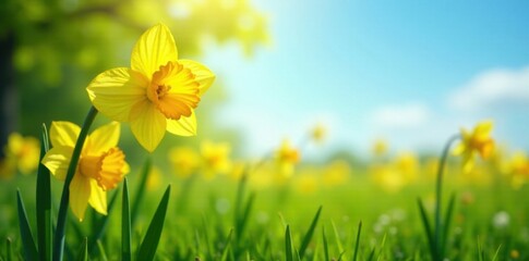 Fototapeta premium Vibrant yellow daffodil blooms in lush green meadow under clear blue sky with gentle sunlight filtering through leaves , garden, natural scenery, nature