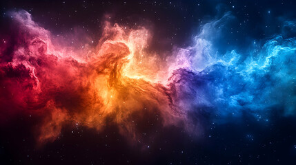 Colorful, bright cosmic nebula, with blue, red, and orange hues against a dark, star-filled backdrop