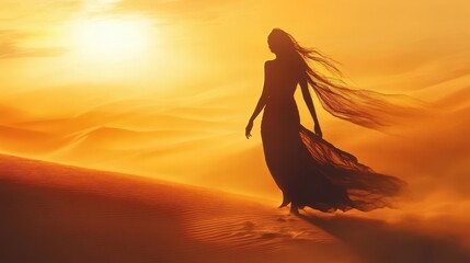 silhouette of an elegant woman walking barefoot across desert dunes at sunset her flowing garments catch the golden light creating a scene of mystery freedom and cultural beauty illustration