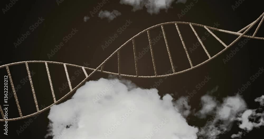 Poster animation of dna strand floating over clouds in dark sky, creating mystical scene
