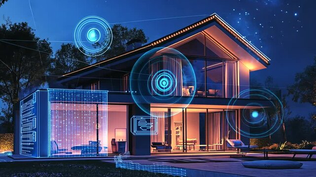 Modern smart home automation with holographic interface at twilight showcasing technology