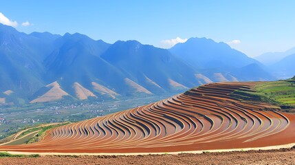 Stunning Aerial View of Rice Terraces in Mountain Valley