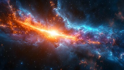 Colorful cosmos, interstellar clouds with orange, blue and bright light in space