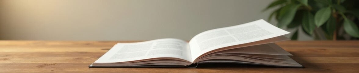 Wooden table with trifold brochure open on top, revealing a background of simple elegance, office supplies, organized workspace