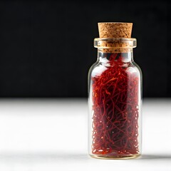 A corked bottle containing deep red saffron threads against a white background, AI Generated