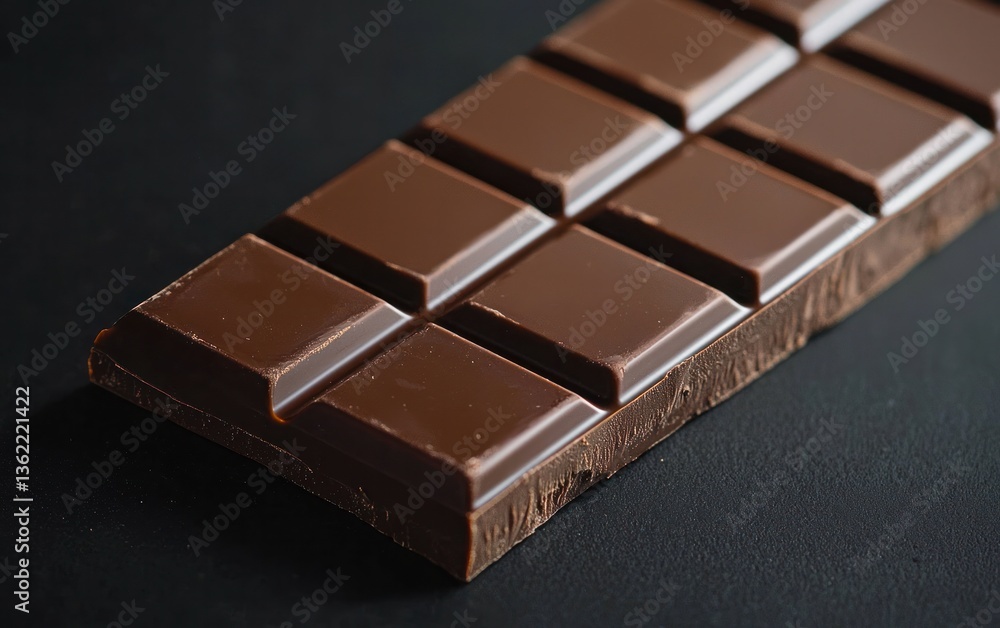 Poster dark chocolate bar on a dark background. close-up view of a rectangular chocolate bar with individua