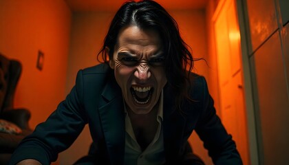 Person Shouting in a Dimly Lit Room with Intense Expression and Dramatic Shadows