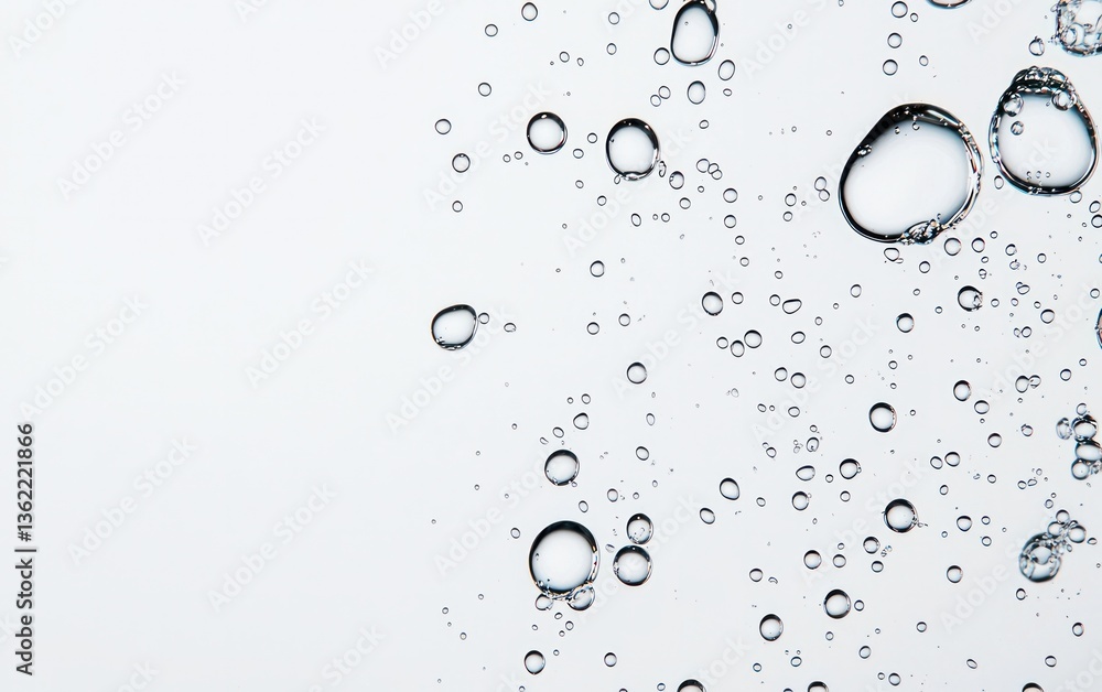 Poster abstract image of various sized bubbles on a white background. the bubbles are translucent and appea