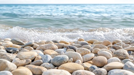 Peaceful seashore with smooth pebbles and gentle waves under clear sky, conveying tranquility and natural beauty.