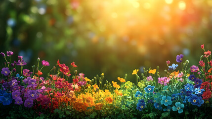 Obraz premium Colorful flowers glow under bright sunlight in a garden setting, out-of-focus background