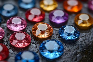 Colorful gems glimmer on wet stone