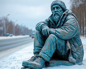 Bronze statue of a contemplative man in winter attire by a snowy roadside