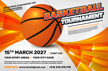Basketball tournament poster template with ball and dynamic shapes