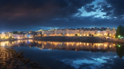 Obraz premium Panorama of the night city with the rays.generative.ai