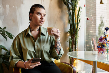 Charming young woman enjoying a coffee break at an inviting cafe with a vibrant atmosphere