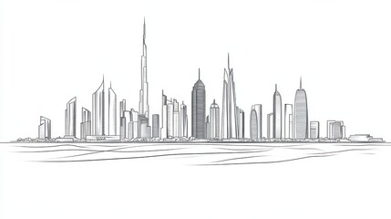 Naklejka premium minimalist line art skyline of dubai continuous single line drawing iconic landmarks sleek modern aesthetic on white background