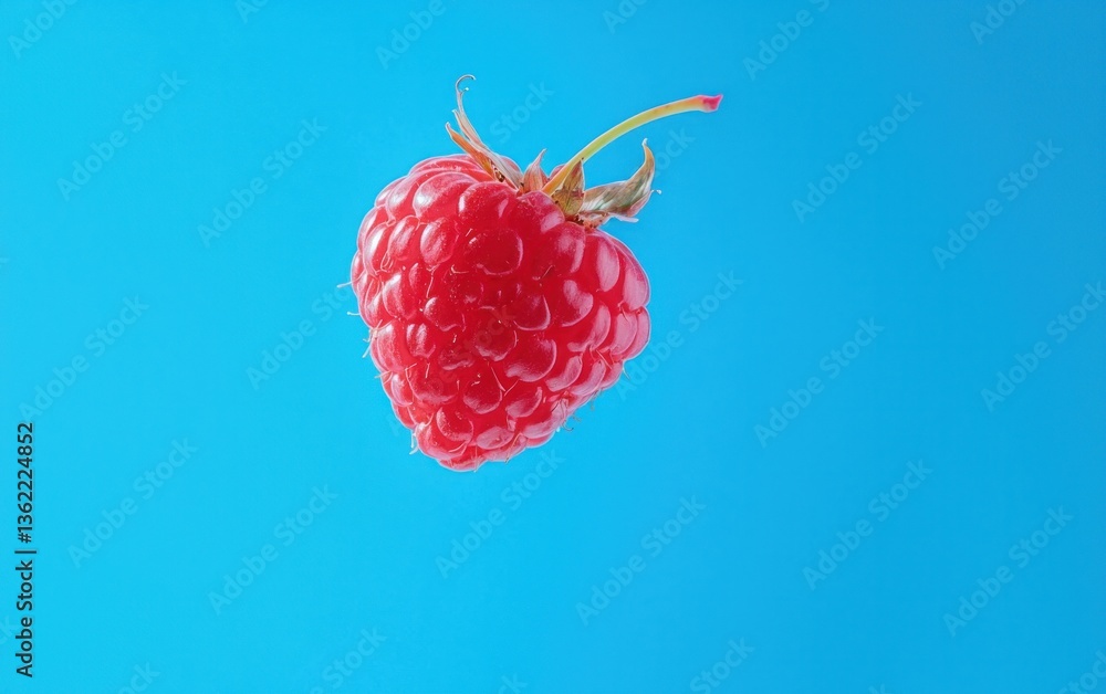 Poster single red raspberry levitating against a bright blue background. water droplets are visible on the 